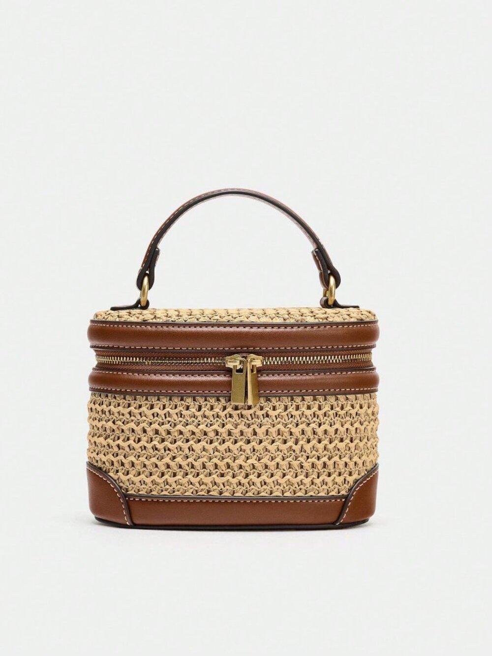 Khaki Vacation Women's Structured faux Leather trim & Woven Crossbody Handbag - Picture 8 of 8